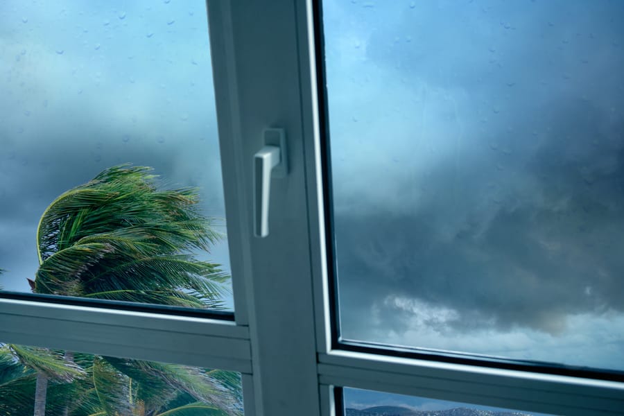 close up window and waving palm trees in windy tropical storm over cloudy dark sky