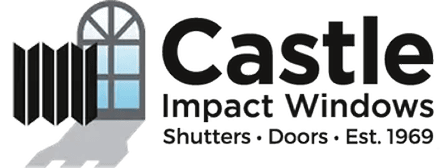 Castle Impact Windows logo with an arched window and the company name, plus the tagline 'Shutters • Doors • Est. 1969'
